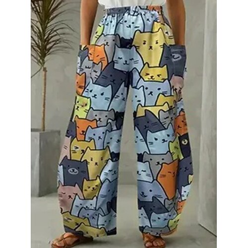 Damen Leinenähnliche Weitbeinige Chinos Vintage Casual Voll Länge Hochbund Grafik Abstrakt Elastischer Bund Unelastisch Casual Täglich Alltag Blau Grau Weiß Braun Sommer Frühling Lockerer Sitz Image