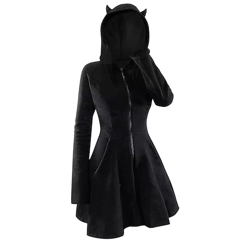 Punk Gothic Kleid Kapuzensweatshirt Kleines Teufelshorn Samt Reißverschluss Kostüm Damen Halloween Karneval Leistung Party Erwachsene Kleid Herbst Winter Image