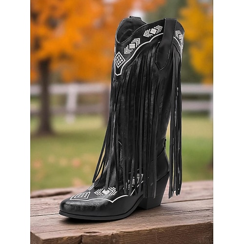 Damen Western-Cowboystiefel mit Fransen – kniehohe Stiefel aus braunem Kunstleder mit gestickten Details, Retro-Country-Stil für Rodeo, Herbstfeste und Farmmode Image