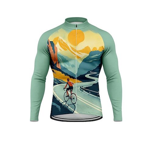 Herren Oberteile Radtrikot Grafik Geometrisch Landschaft Langarm Fahhrad Trikot Oberteil mit 3 Gesäßtaschen Sonne Sonnenschutz Schnelltrocknend Reflektierende Streifen Sport Grün Bekleidung