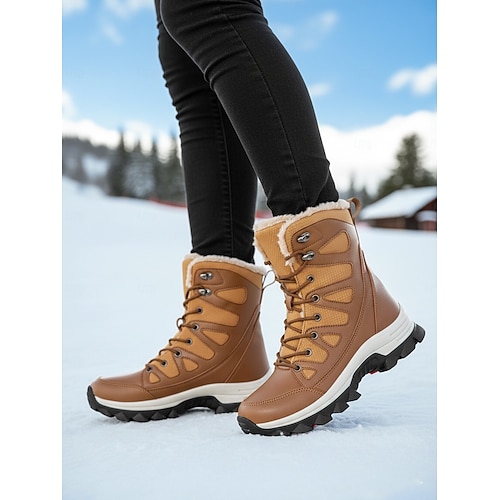 Khakifarbene wasserdichte Winter-Schneestiefel für Damen mit Fellfutter – warme Schnürschuhe für draußen bei kaltem Wetter und Skiausflügen Image