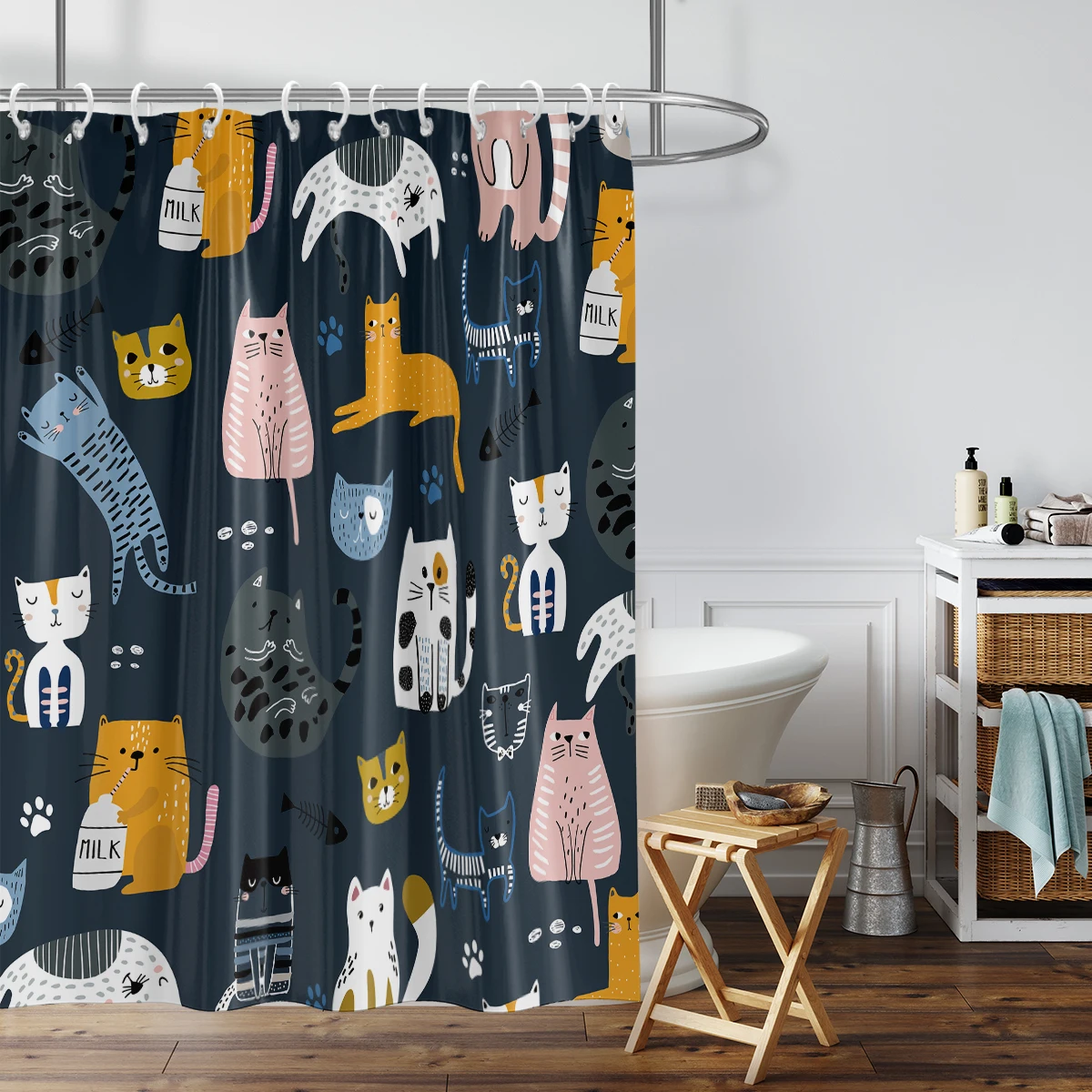 1 Stück wasserdichter Duschvorhang mit Cartoon-Katze-Motiv, Duschtrennwand-Hängevorhang mit 12 Haken für einfache Installation