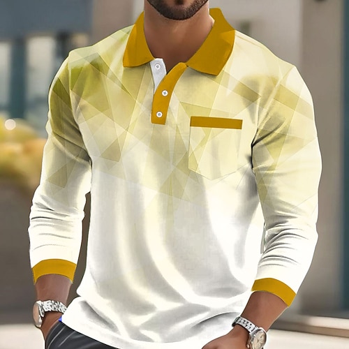 Herren Geometrisch Polo Langarm Polo-Shirts Revers Business-Casual Athleisure Alltagskleidung Tasche 3D-Druck Knöpfe Frühling Herbst Gelb Blau Purpur Image