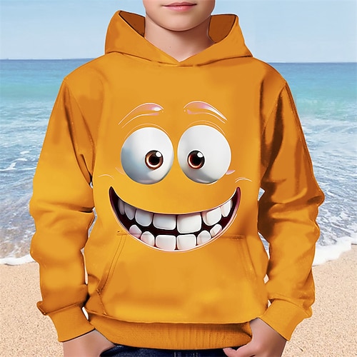 Jungen Cartoon Lustiges Lächeln Gesicht Hoodie Langarm 3D Druck Herbst Winter Mode Streetwear Kinder 4-12 Jahre Mit Kapuze Outdoor Casual Täglich Normale Passform Image