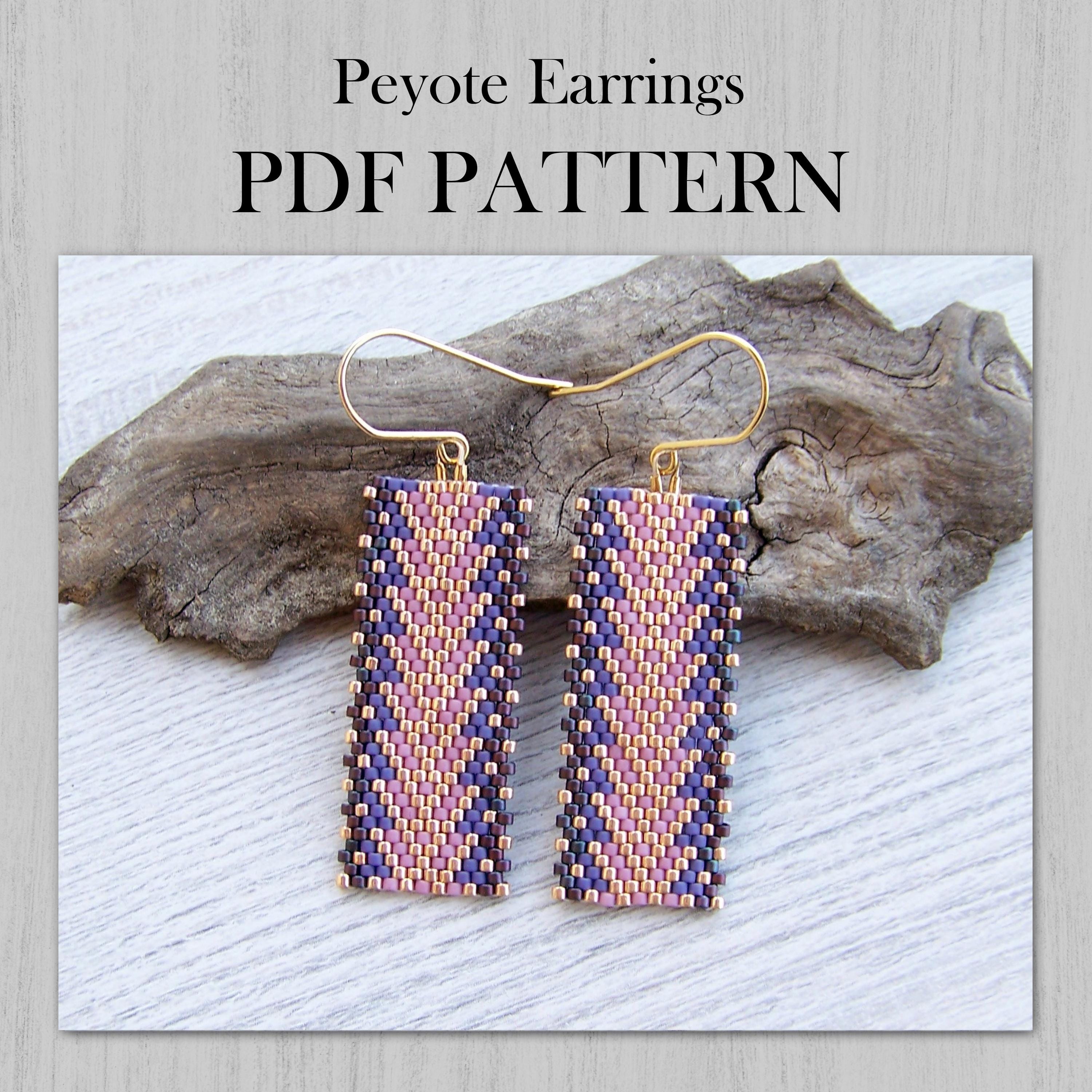 Schema PDF per orecchini con punto peyote geometrico rosa e viola, schema PDF per perline Miyuki Delica, schema PDF per orecchini sfumati