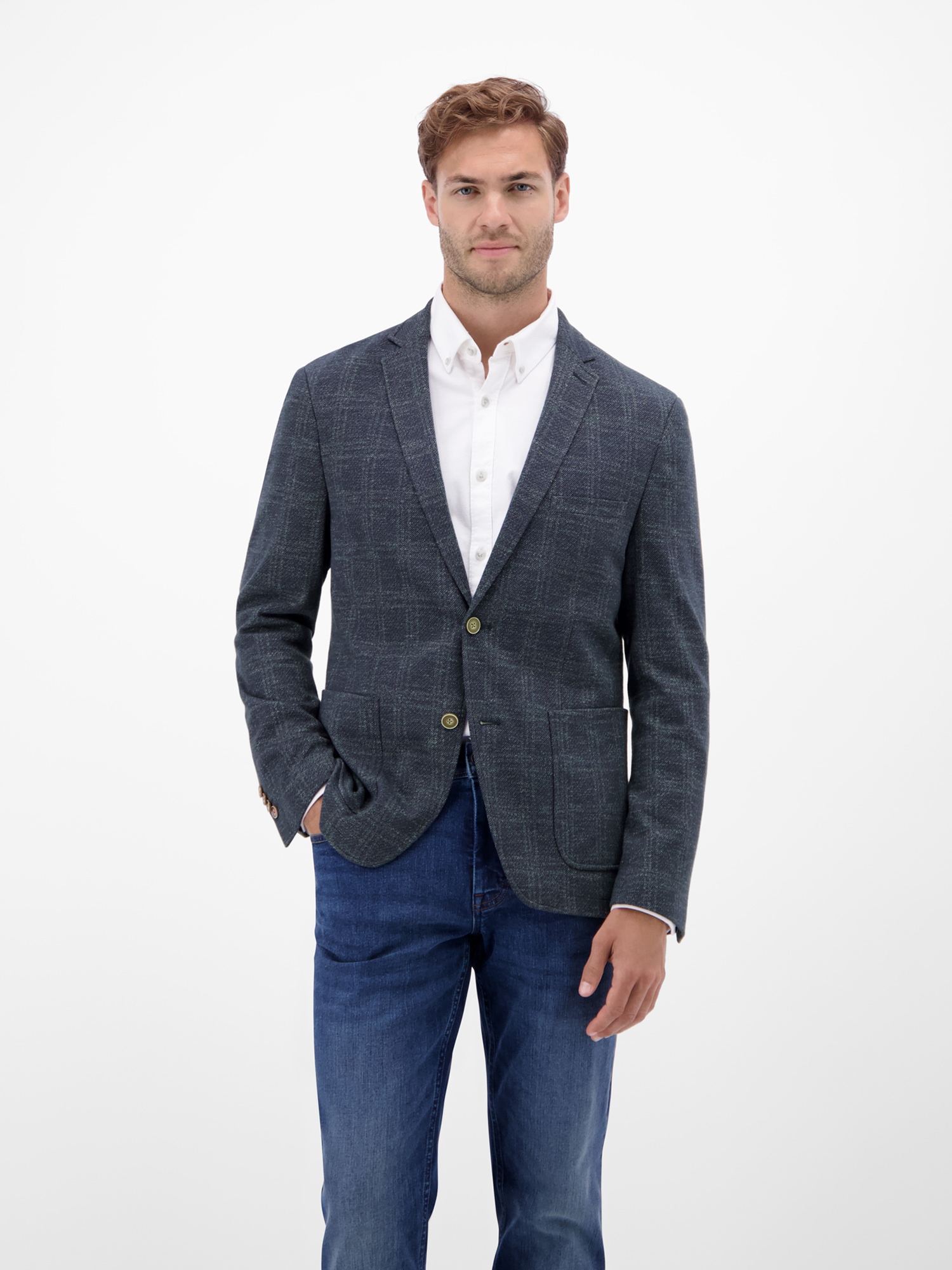 Jerseysakko LERROS "LERROS Herren Jerseyblazer, kariert", Herren, Gr. 52, classic navy, 65% Baumwolle, 35% Polyester, Sakkos Image