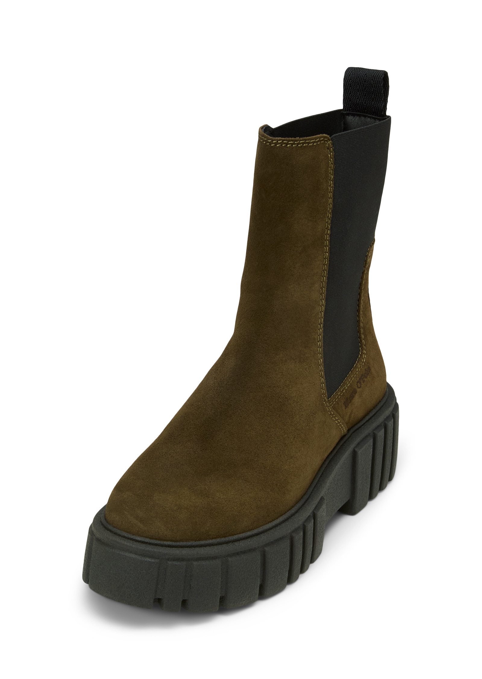 Chelseaboots MARC O'POLO "mit leichter Plateausohle", Damen, Gr. 38, grün (schwarz mossy olive), Obermaterial: 100% Leder (Rind), unifarben, Schuhe