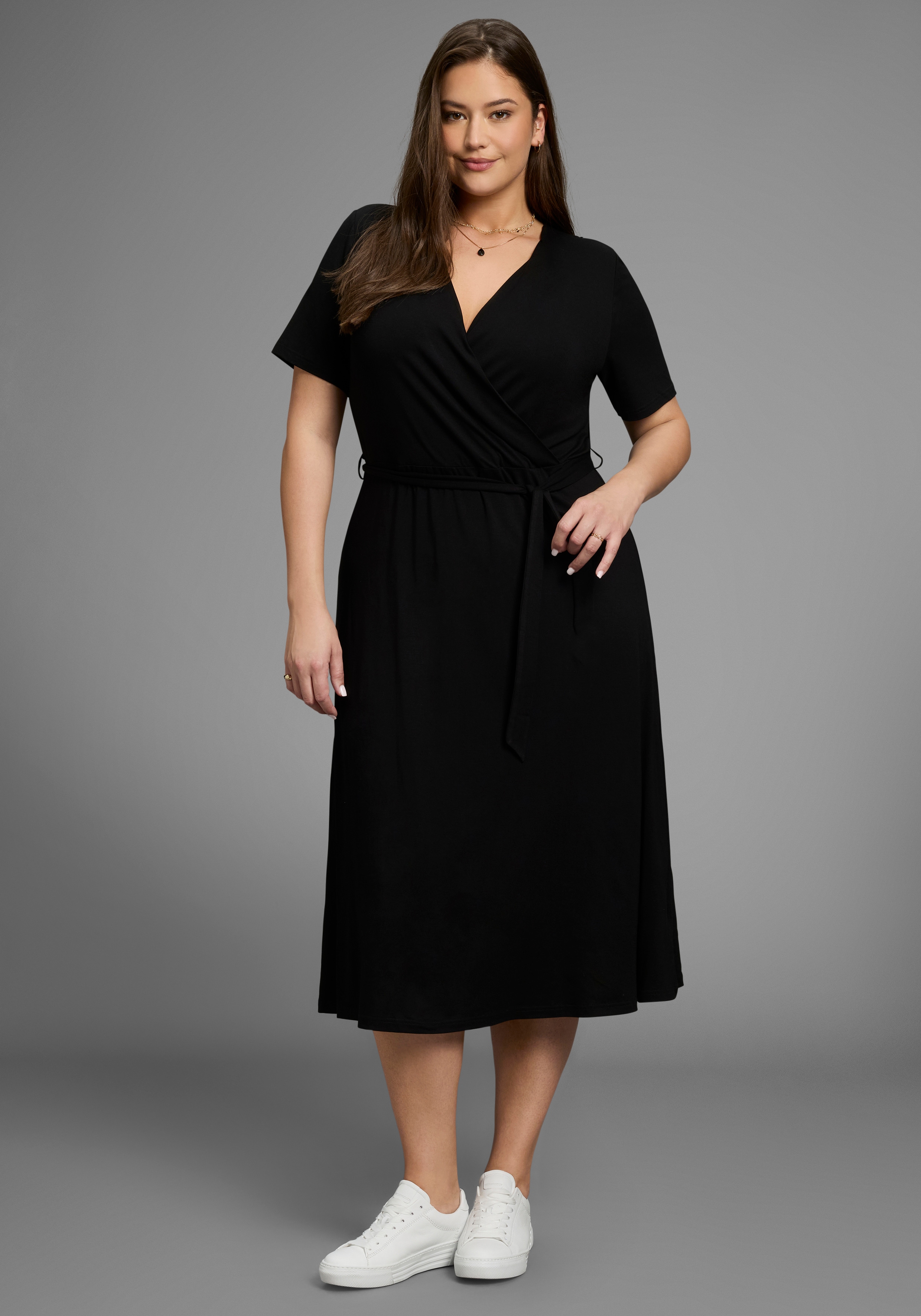 Midikleid LAURA SCOTT CURVE, Damen, Gr. 48, N-Gr, schwarz, Jersey, Obermaterial: 94% Viskose, 6% Elasthan, unifarben, Basic, Midi, V-Ausschnitt, Kleider Midikleid, mit betonter Taille - GROSSE GRÖSSE