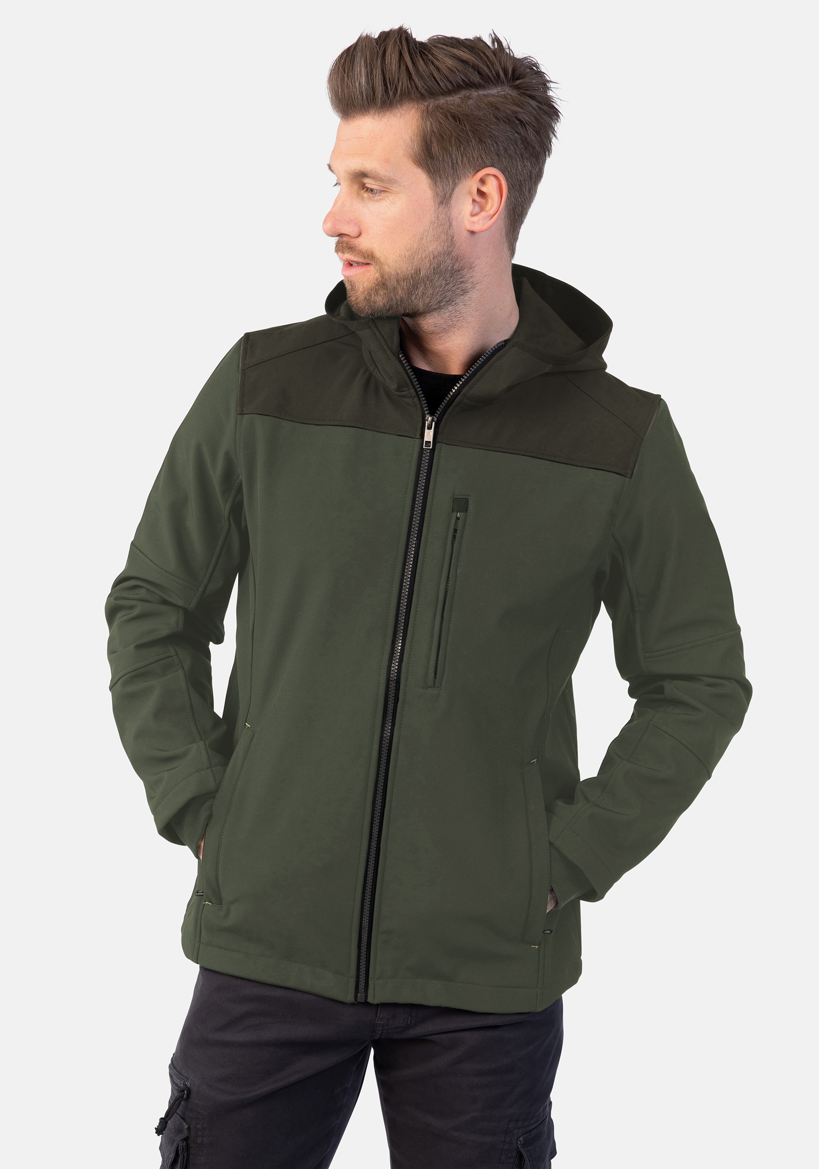Softshelljacke HERO BY JOHN MEDOOX "JOEY Softshelljacke mit Fleecefutter", Herren, Gr. XXL, grün col block, Softshell, 92% Polyester, 8% Elasthan, regular fit, Jacken Softshelljacke, Regular Fit Casual Softshell für Herren