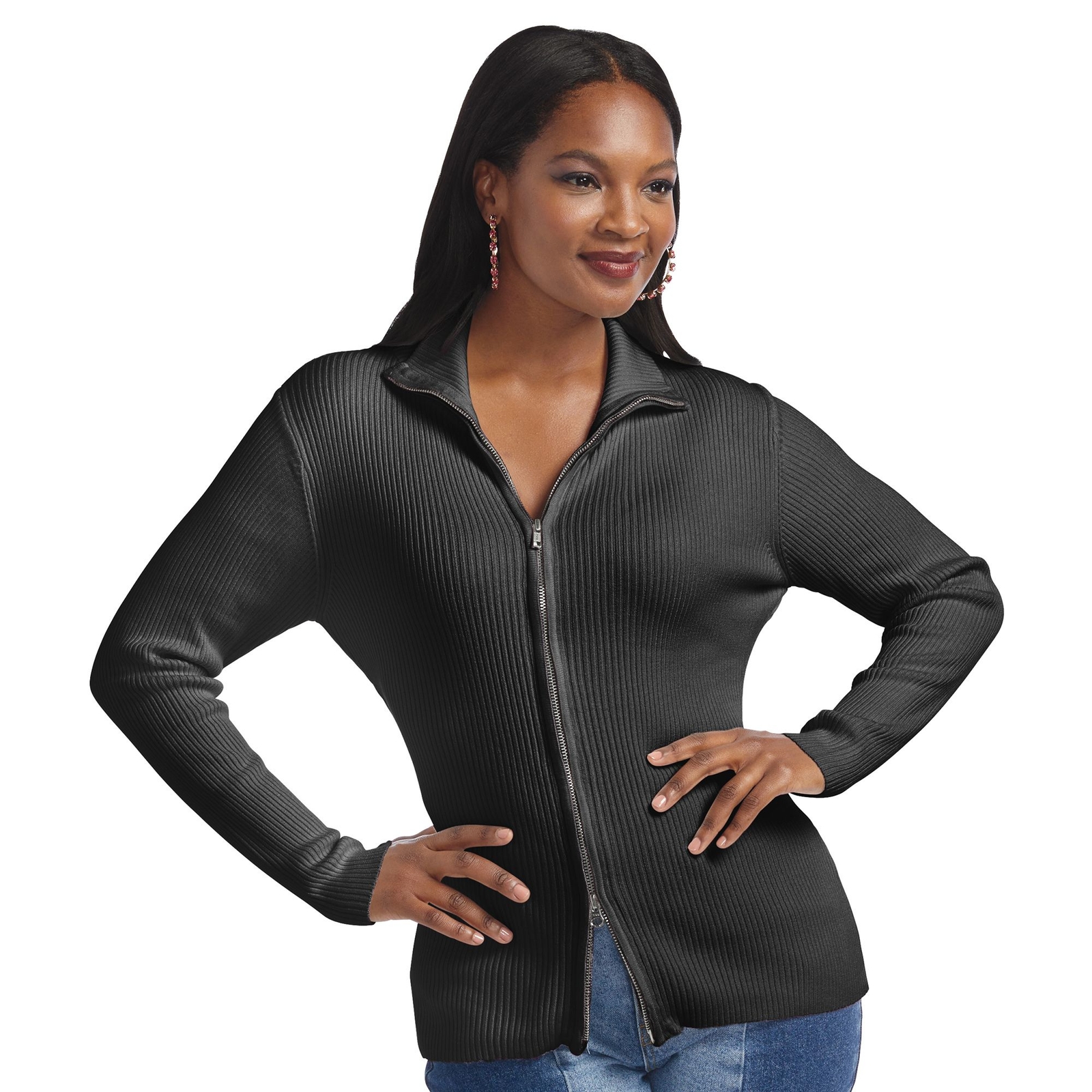 Masseys Ribbed Full Zip Sweater (Size S) Black, Nylon,Viscose