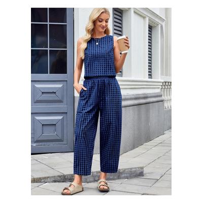 Kariertes armelloses Oberteil und Hose Zweiteiliges Set mit Taschen Image
