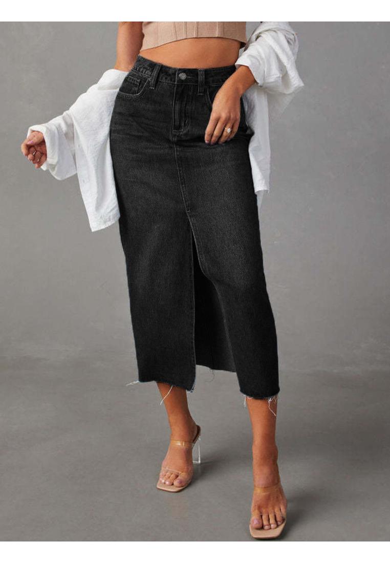 Midirock aus Denim mit rohem Saum und Schlitz vorne Image