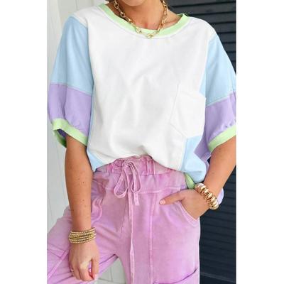 Color-Block-Patchwork-Oversize-T-Shirt mit halben Armeln und Tasche Image