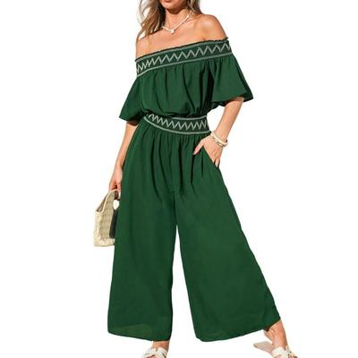 Off-shoulder Embroidered Jumpsuit - Green - CUPSHE Jumpsuits