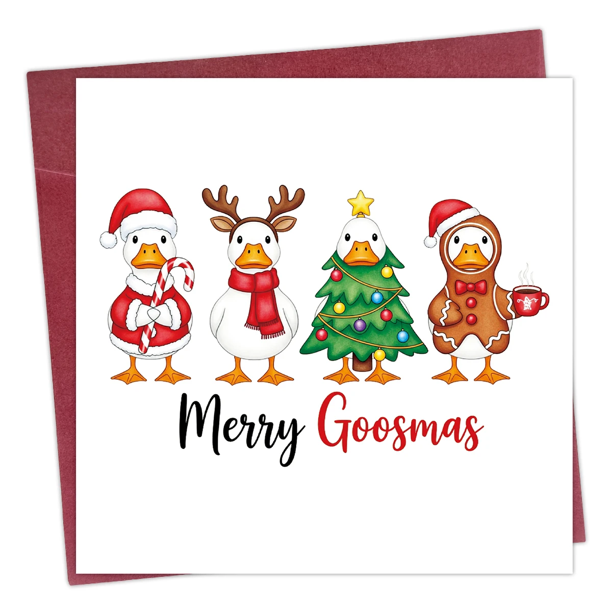 1 Stück ​ Merry Goosmas Weihnachtsgrußkarte mit Umschlag-Ente (Weihnachtsmann, Rentier, Baum und Lebkuchen), Weihnachtswunsch, Geschenk für Freunde und Familie Image