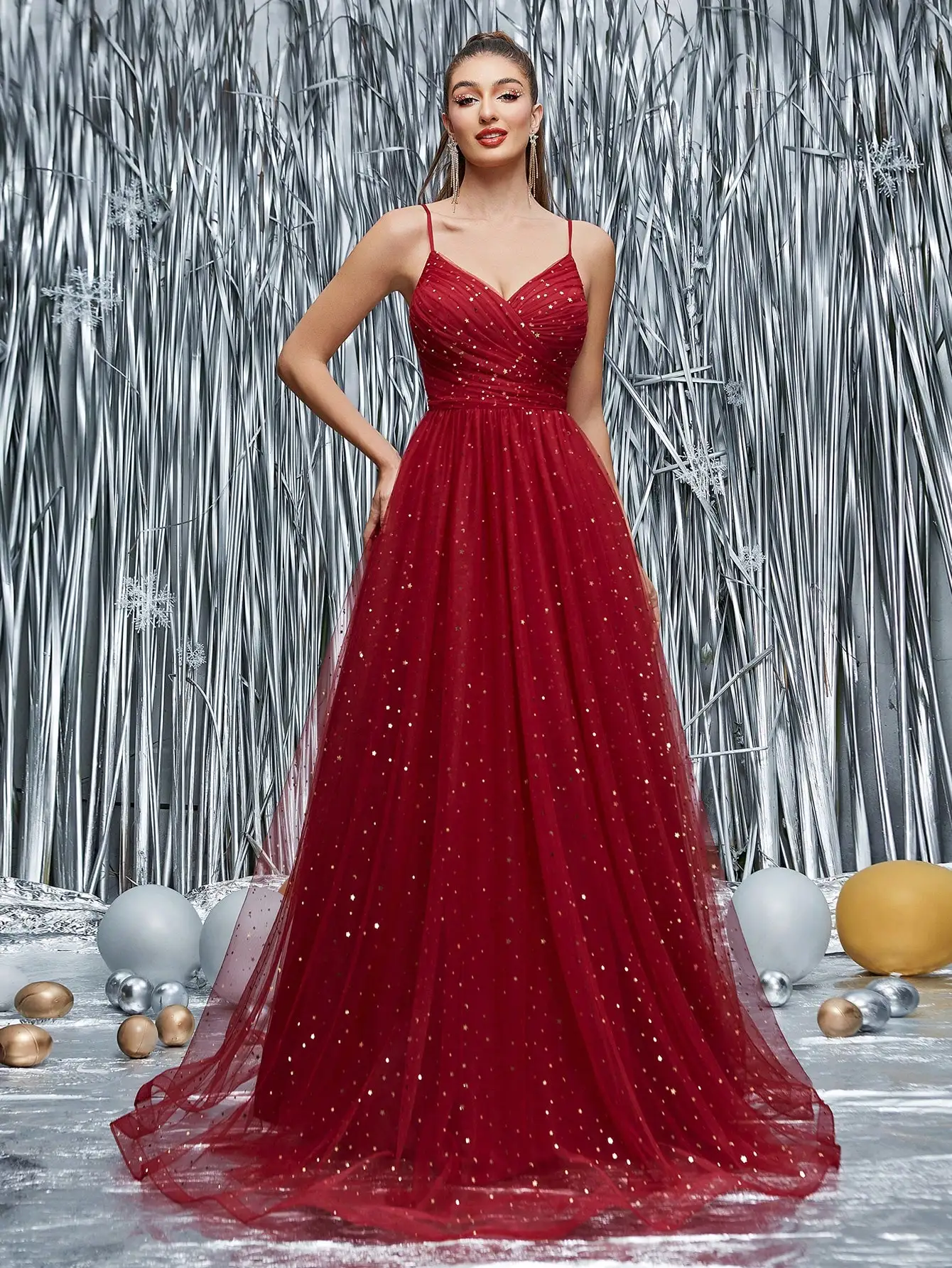 Mgiacy Neuankömmling V-Ausschnitt Tank romantisches Brautjungfernkleid gerafftes Pailletten-Mesh-langes Kleid Image