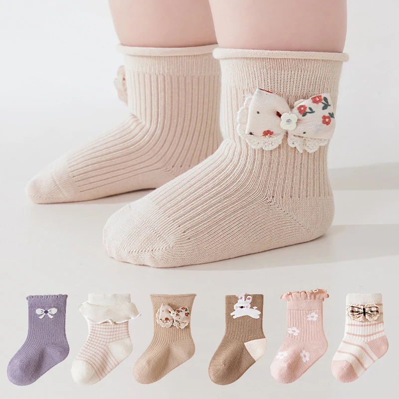 3 Paar Socken für Neugeborene, Mädchen, Spitze, Schleife, Baumwolle, Mädchensocken, Prinzessinnen-Babysocken für Mädchen, Kinder-Accessoires Image