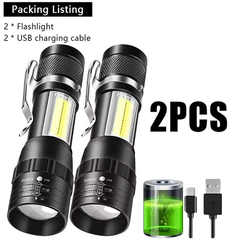 2PCS Mini COB LED Taschenlampe Aufladbare Zoom Taschenlampe Taktische Lampe Outdoor Camping Wasserdichte Notfall Laterne mit Stift Clip Image