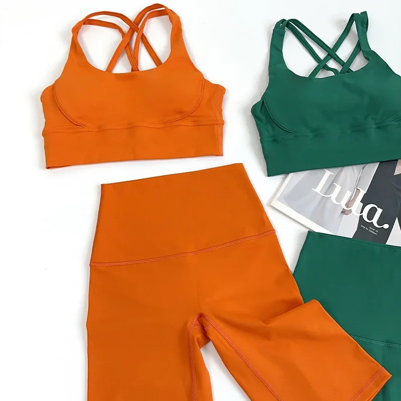 2-teilige Yoga-Shorts, Fitnessstudio, Sport-Sets, Damen-Fitness-Anzüge, Kreuz-Rücken-Top, hohe Taille, Shorts, Lauf-Workout-Kleidung, Trainingsanzug   Image