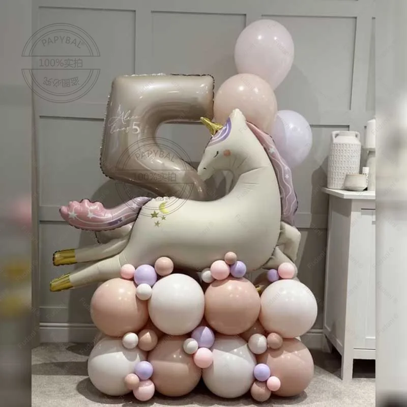48-teiliges Ballon-Set mit Einhorn-Motiv, cremeweiß, Nummer 1–9, Luftballons für Kindergeburtstag, Party, Raumdekoration, Ballonzubehör Image
