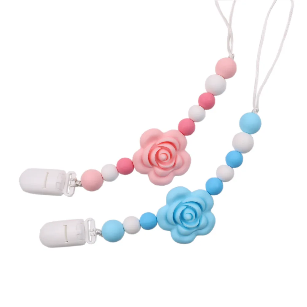 2Pcs Baby Schnuller Clip Set Pastell Farben Silikon Perlen Schnuller Halter Blume Form Anti-Drop Beißring Kette für kleinkinder Image
