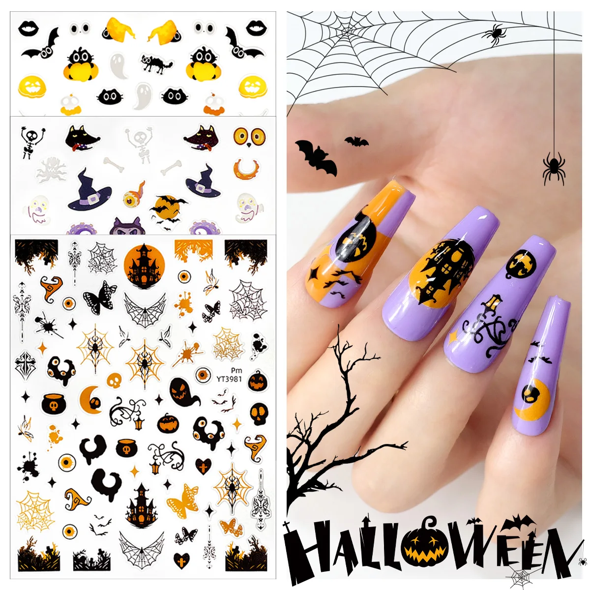 3Pcs Halloween Nagel Aufkleber Kürbis Kopf Fledermaus 3D Nail art Aufkleber DIY Nagel Dekoration Selbst-Kleber Aufkleber für Festliche Maniküre Image