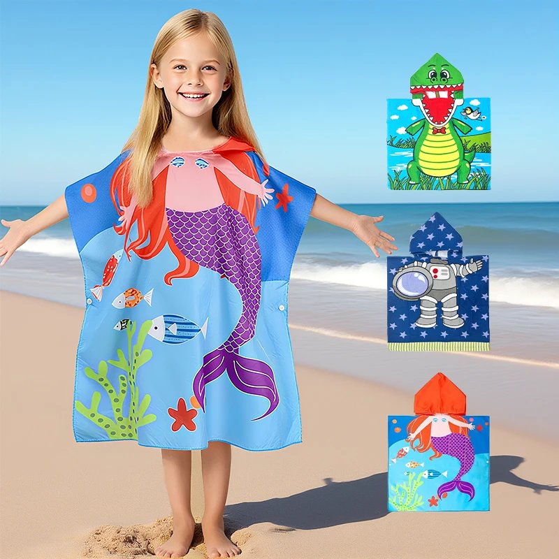 1-Kinder-Strandtuch, Cartoon-Strandumhang mit Hut, weich und saugfähig, geeignet für Familie, Dusche, Schwimmen und Strand Image