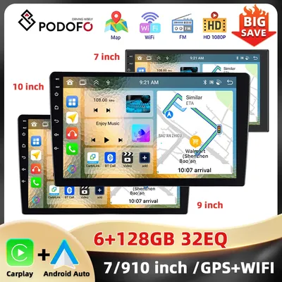 Podofo 7''/9''/10.1'' Car Radio 6+128G 4Core Multimedia Player WIFI GPS Navigation Carplay Android Auto DSP EQ FM/RDS Car Stereo