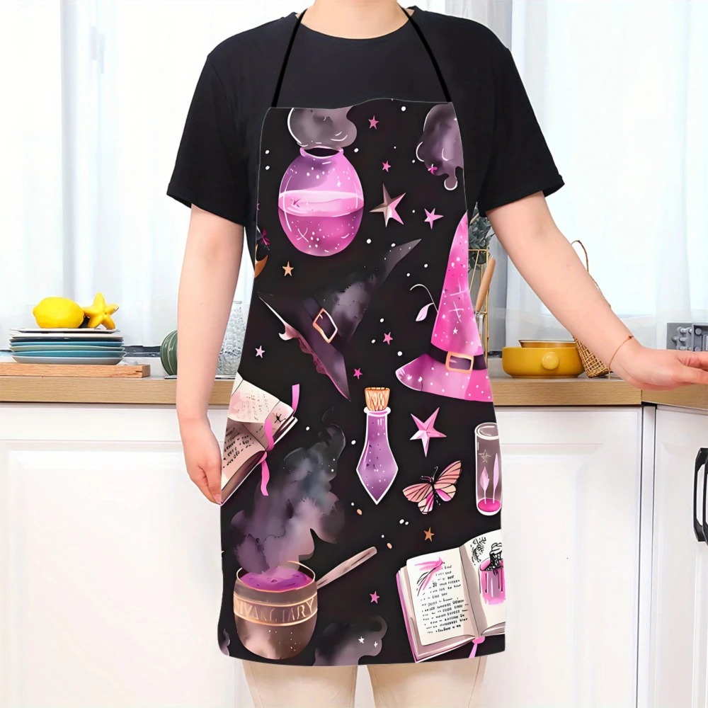 1 Stück Purple Magic Book & Hat Print Polyester-Schürze – Witchy Kitchen Backschürze mit Zauberbuch, Kessel und magischen Motiven Image