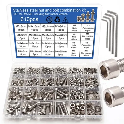 610Pcs M3 M4 M5 M6 Stainless Steel Bolt Nut Kit, Hexagonal Screw Classification Kit, Hexagonal Screw Nut Flat Washer Spring Washer Set, Locking Nut Bolt DIY Tool Kit