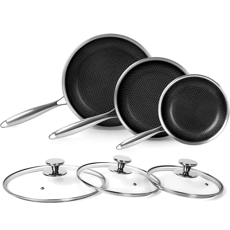 Stainless Steel Frying Pan with Lid Honeycomb Non Stick Frying Pan Non Toxic Skillet Egg Omelete Pans Kitchen Cookware JT561