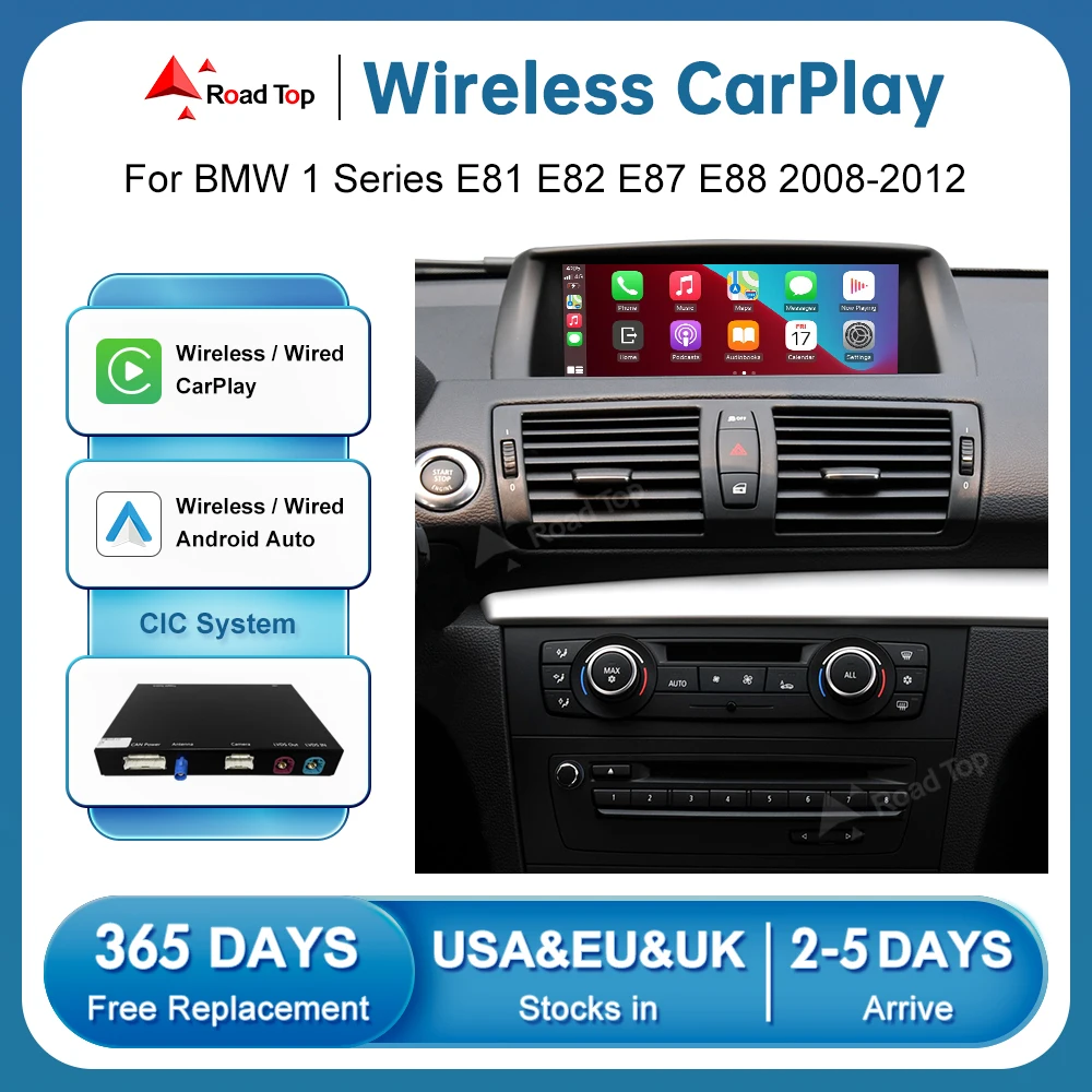 RoadTop Wireless CarPlay Android Auto Per BMW Serie 1 E81 E82 E87 E88 2008-2012 CIC con Specchietto Link AirPlay Car Play Funzioni