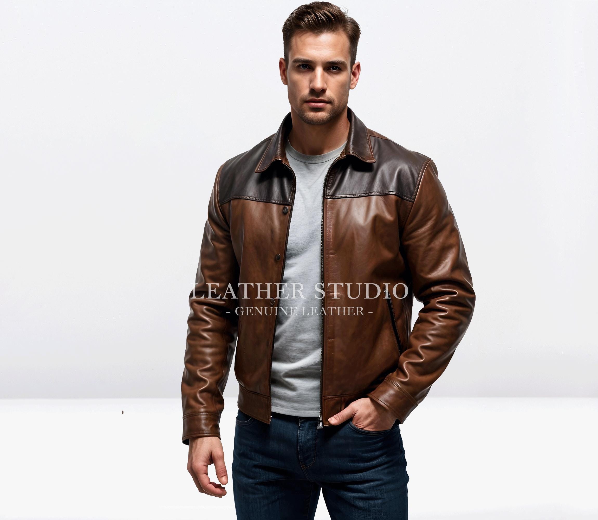 Giacca in vera pelle marrone e nera al 100% per uomo - Giacca in pelle marrone fatta a mano per uomo - Giacca in pelle marrone classica per uomo - Reg