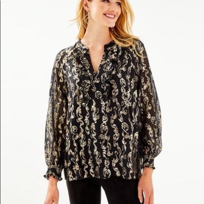 Lilly Pulitzer Tops | Lilly Pulitzer Angelika Silk Blouse Sz Xs Onyx Ruffle Metallic Formal Dressy | Color: Black/Gold | Size: Xs
