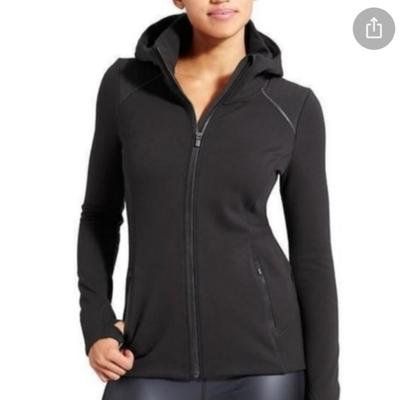 Athleta Jackets & Coats | Athleta Womens Jacket Athletic Small Full Zip Hidden Hood Pockets Logo Reflect | Color: Black | Size: S