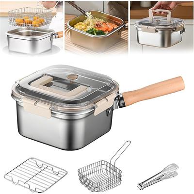 4pcs Stainless Steel Square Frying Pan with Basket Multi-Purpose Square Compact Fryer with Detachable Handle Easy Drain Design Suitable for Freezer and Refrigerator Fresh-Keeping Containers
