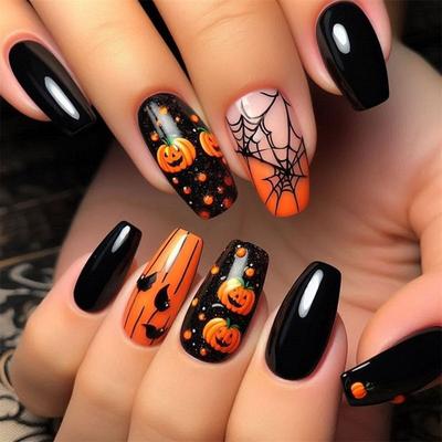 Halloween Ballet Black Orange Gradient Press-On Nails – Spider Web Pumpkin Head Design, Temporary Fake Nails for Party
