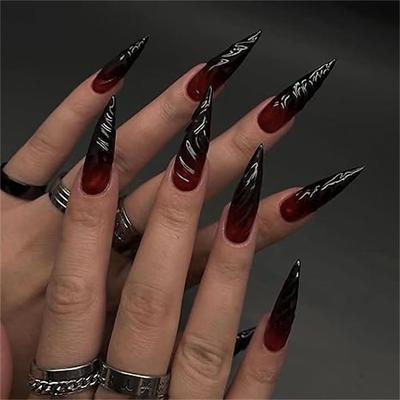 24 Pcs Halloween Press on Nails Long Stiletto Fake Nails Red Black Gradient False Nails with 3D Design Goth Acrylic Nails Press ons Halloween Glue on Nails Full Cover Reusable Stick on Nails for Women