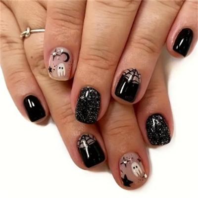 Halloween Yellow Flowers Press on Nails Short Square Fake Nails with Cute Little Ghost Designs Black Matte Artificial Nails Full Cover Stick on Nails Halloween Glue on Nails for Women Nail Art DIY