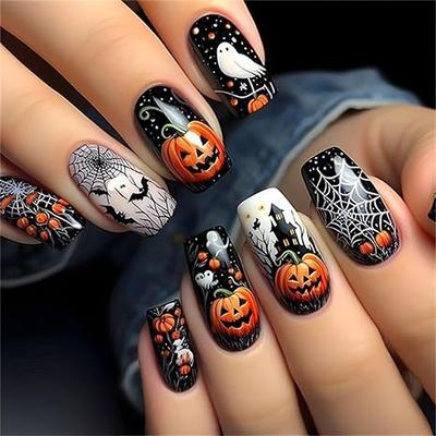 24Pcs Halloween Press on Nails Medium Square Fake Nails with Pumpkin Spider Web Cute Ghost Design Gothic False Nails Glossy Stick on Nails Full Cover Artificial Glue on Nails for Women Manicure DIY