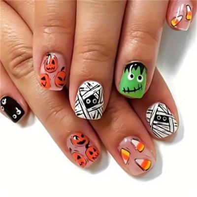 Halloween Yellow Flowers Press on Nails Short Square Fake Nails with Cute Little Ghost Designs Black Matte Artificial Nails Full Cover Stick on Nails Halloween Glue on Nails for Women Nail Art DIY