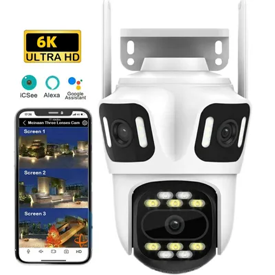 12MPThree Lens PTZ IP Camera Outdoor 6K HD Three Screen WiFi Security Camera Auto Tracking 4K Dual Len Wirelss CCTV Camera iCsee