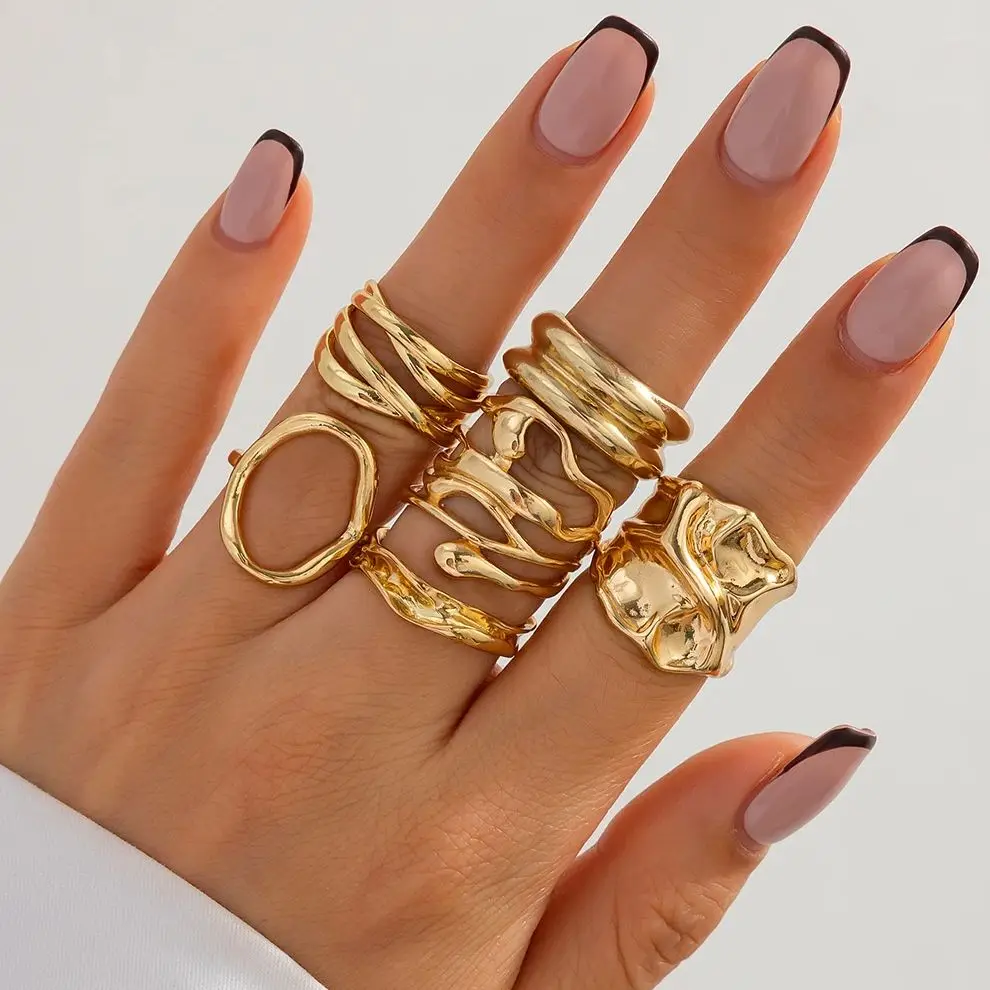 Ingemark 6 Teile/satz Klassische Gold Farbe Hohl Unregelmäßige Textur Offene Ringe Frauen Vintage Geometrische Finger Ring Paar Schmuck Geschenk Image