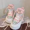 Rosa Perlen-Strass-Blumen-Schnürschuhe aus Segeltuch, handgefertigt, individuell, große Größe, dicke Sohle, lässige Sport-Damenschuhe, Größe 35–40
