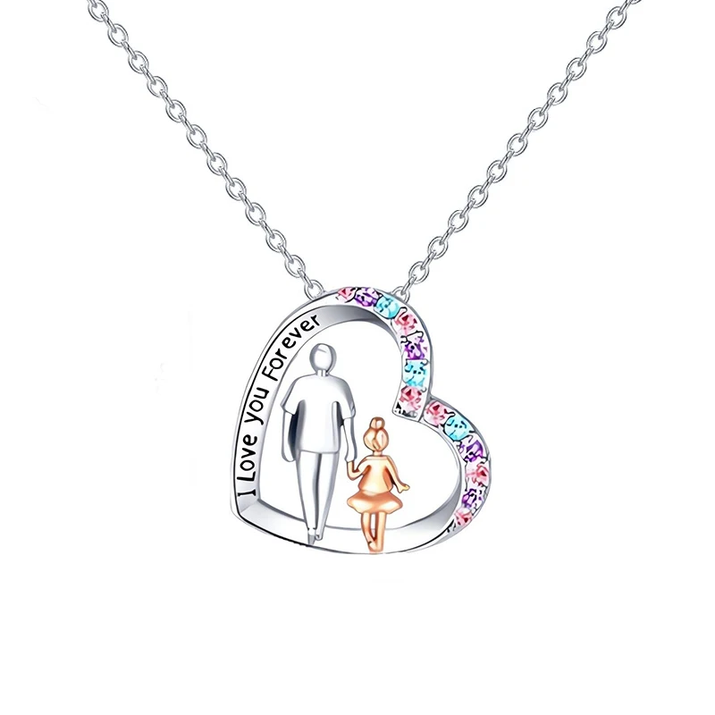 Niedliche „I Love You Forever“-Halskette für Vater und Tochter, bunte Kristall-Herz-Anhänger-Halsketten für Mädchen-Schmuck Image