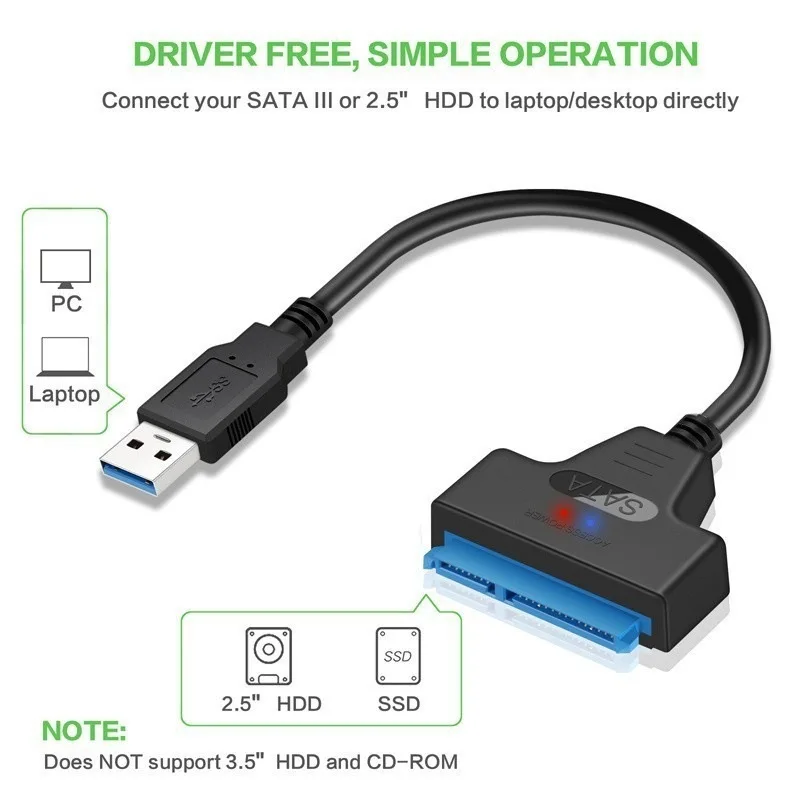 SATA zu USB 3.0 Festplatten-Adapter, unterstützt 2,5 Zoll externe SSD-HDD-Festplatte, 22-poliges DC-Netzteil, USB-Kabel Image