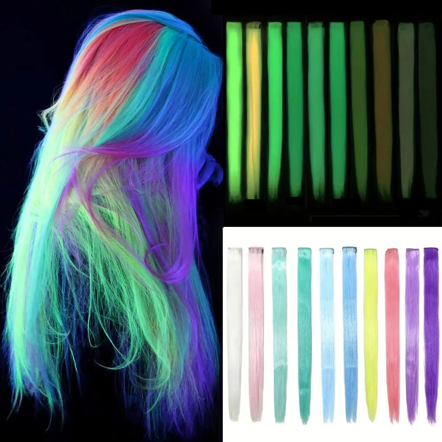 5 Stück 20 Zoll Glow in The Dark Haarverlängerungen Clip Leuchtende farbige Haarteile Party Regenbogen Haarspangen Synthetische gerade Perücke Image