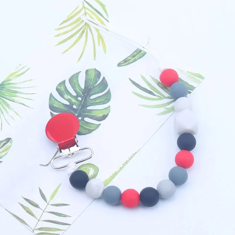 Baby Anti-Drop-Kette Schnullerclips mit Silikonperlen Metall Säuglingsschnullerkette Schnullerhalter Nippelclip zum Beschwichtigen und Sicheren Image