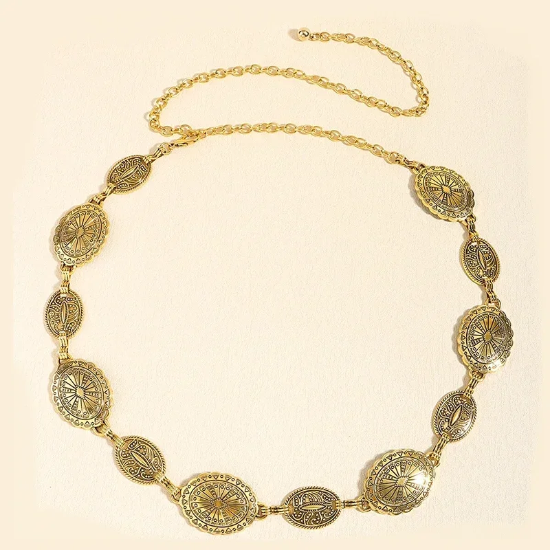 Damen-Taillenketten-Accessoires aus Metall im Retro-Stil. Dekorativer, kreisförmiger, geschnitzter Kettengürtel, Accessoires im hohen Stil