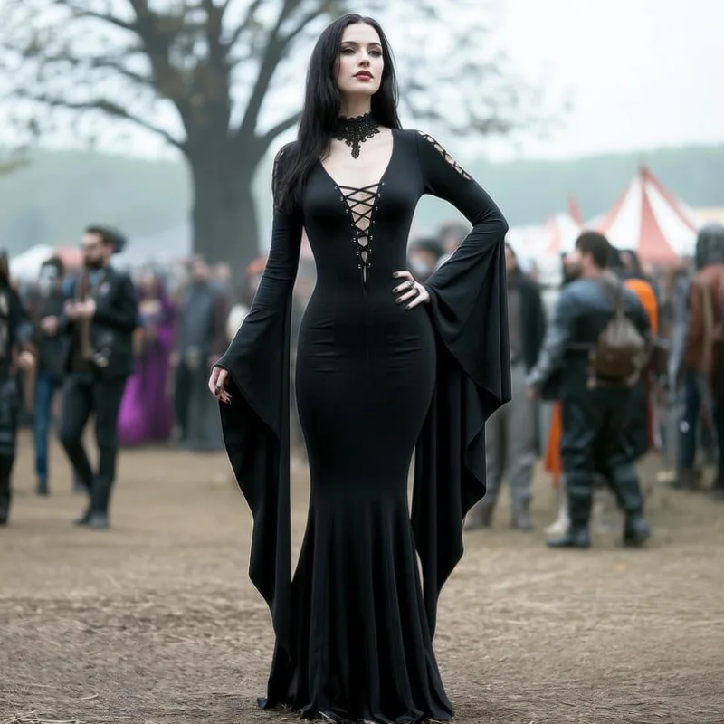 Mittelalterliche Gothic Hexe Cosplay Schwarzes Kleid Langarm Boden Zug Korsett Anzug Frauen Halloween Party Fantasy Kostüm Plus Größe